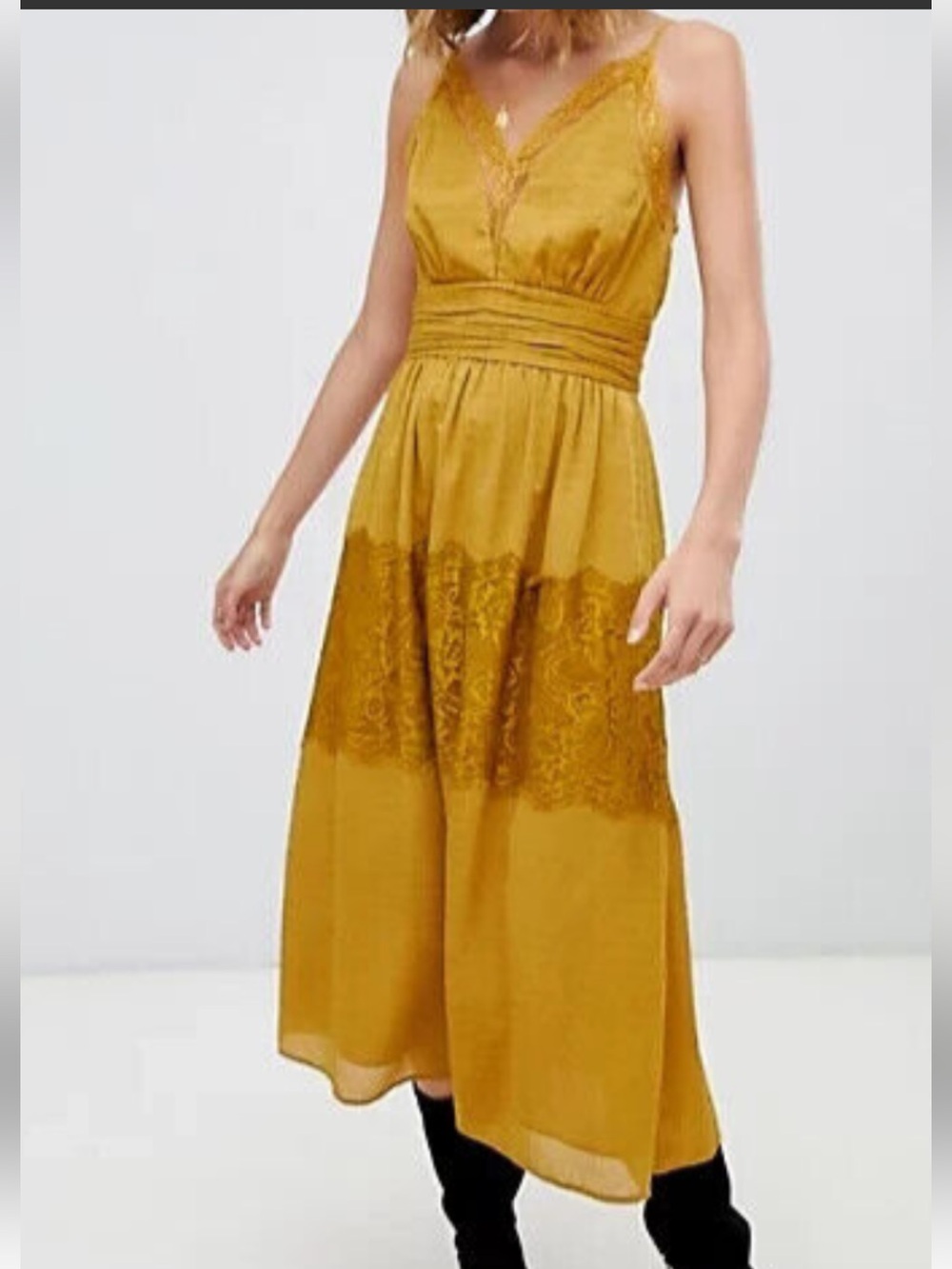 Moon River mustard yellow lace trim strappy midi sundress
